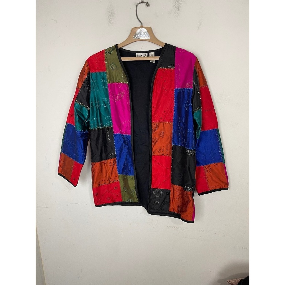 Chicos Womens Jacket Size 1 Medium Patchwork Jewel Tone Silk Embroidered Holiday